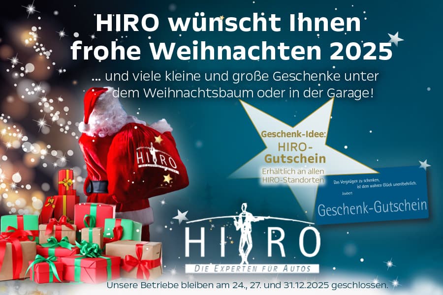 HIRO wünscht Ihnen frohe Weihnachten 2025. Unsere Betriebe bleiben am 24.12.2025, 27.12.2025 und 31.12.2025 geschlossen